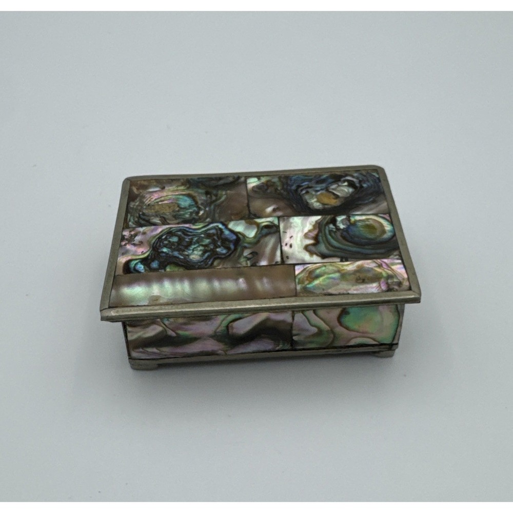 Vintage Abalone Mother of Pearl Jewelry 2.25" Trinket Box Silver Alpaca Mexico